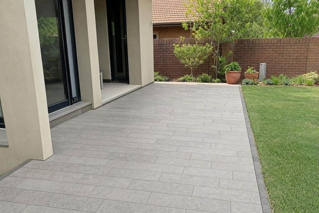 Off-centre stretcher bond in long large-format pavers, Ash