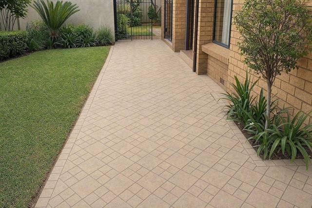 45° square bond: half & quarter in slate cobbles, Sandstone tan