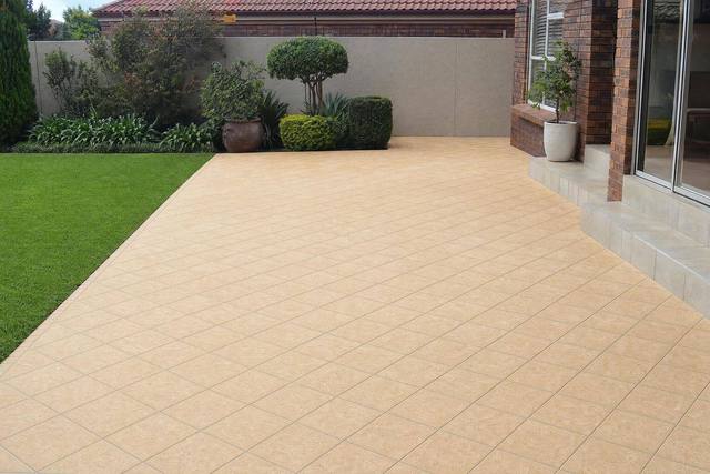 45° square bond in slate-texture pavers, Tan