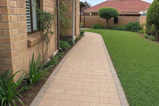 Rectangular pavers in Sandstone tan light