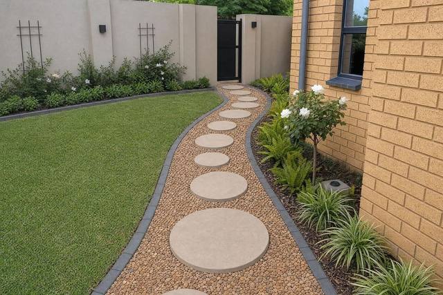 Round stepping stones in Sandstone tan light